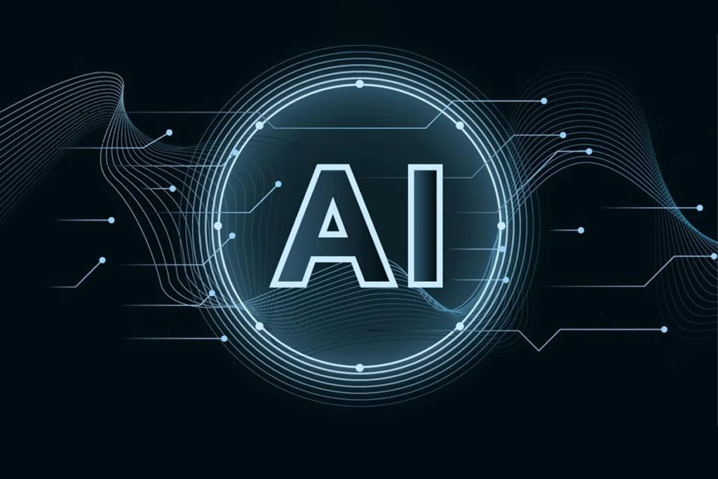 Scritta "AI" al centro di un cerchio luminoso con linee digitali e circuiti astratti su sfondo scuro, simbolo dell’intelligenza artificiale e delle nuove tecnologie.