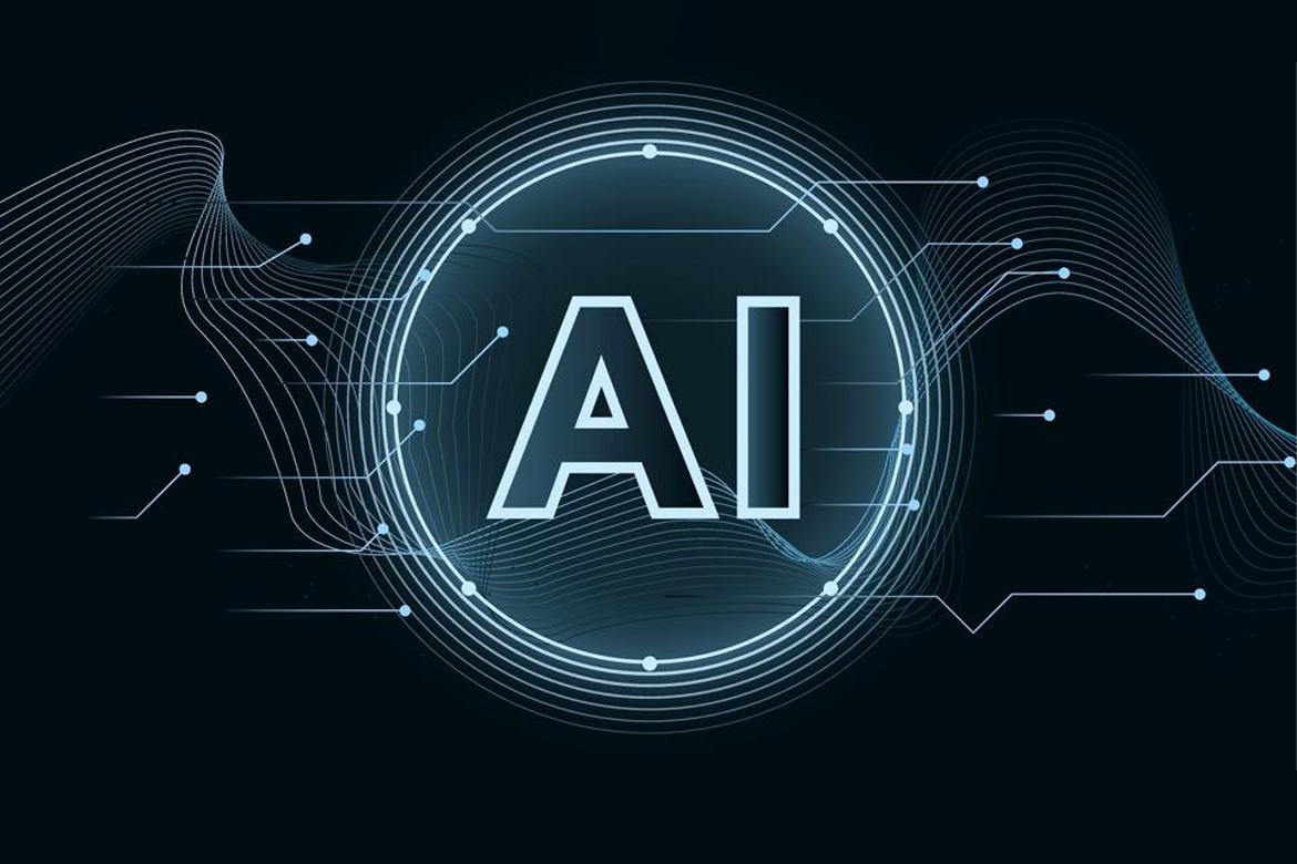Scritta "AI" al centro di un cerchio luminoso con linee digitali e circuiti astratti su sfondo scuro, simbolo dell’intelligenza artificiale e delle nuove tecnologie.