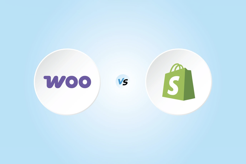 Confronto tra le piattaforme e-commerce WooCommerce e Shopify, rappresentate dai loro loghi su sfondo azzurro chiaro, con la scritta "vs" al centro.